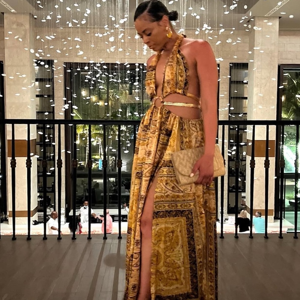 Gold Patterned Backless Halter Maxi Dress